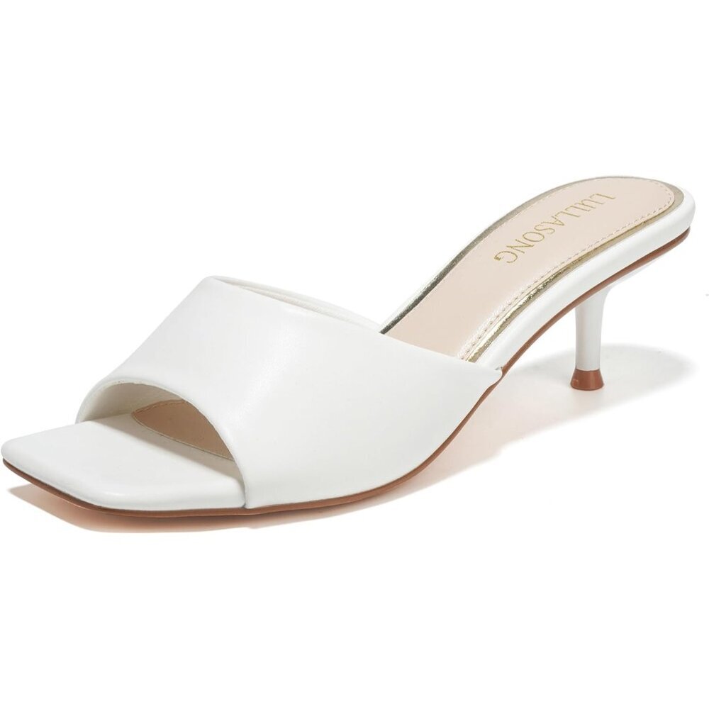 Lullasong Kitten Heels White Faux Leather Women's Sandals Slides Square Open Toe